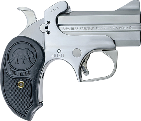 Bond Arms BAPB Papa Bear  45 Colt (LC)/410 Gauge 2rd 3" Stainless Steel Double Barrel  &  Frame, Auto Extractors  &  Rebounding Hammer, Blade Front/Fixed Rear Sights, Extended Rubber Grip, Manual Safety