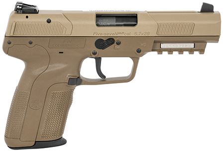 FN 3868900753 Five-seveN  5.7x28mm 20+1 4.80" Black Steel Barrel, Flat Dark Earth Serrated Steel Slide  &  Polymer Frame w/Picatinny Rail, FDE Textured Polymer Grip, Ambidextrous