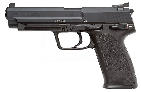 HK 81000364 USP Expert V1 SA/DA 45 ACP Caliber with 5.19" Barrel, 12+1 Capacity, Overall Black Finish, Serrated Trigger Guard Frame, Serrated Long Steel Slide  &  Polymer Grip Includes 2 Mags