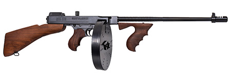 Thompson T1B100D 1927A-1 Deluxe Carbine 45 ACP Caliber with 18" Barrel, 20+1 Capacity (Stick), 100+1 Capacity (Drum), Blued Metal Finish, American Walnut Removable Fixed Stock  &  Wood Grip Right Hand