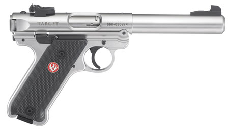 Ruger 40103 Mark IV Target 22 LR 10+1 5.50" Satin Stainless Bull Barrel, Satin Stainless Steel Slide, Stainless Steel Frame Drilled  &  Tapped Receiver, Black Checkered Polymer Grip, Right Hand