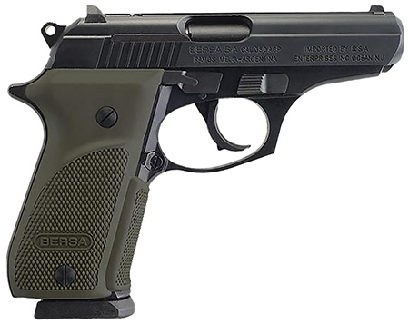 Bersa T380PMC Thunder Combat Sub-Compact Frame 380 ACP 15+1, 3.50" Black Steel Barrel, Matte Black Serrated Steel Slide  &  Aluminum Frame w/Beavertail, Olive Wrap-Around Grip
