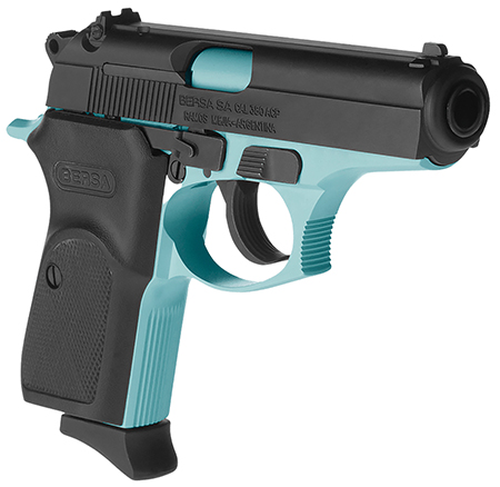 Bersa T380BLM8 Thunder  Micro-Compact Frame 380 ACP 8+1, 3.50" Robin Egg Blue Cerakote Steel Barrel, Matte Black Serrated Steel Slide, Robin Egg Blue Cerakote Aluminum Frame