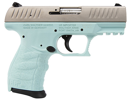 Walther Arms 5083512 CCP M2 + 9mm Luger 8+1 3.54" Barrel, Angel Blue Finish Picatinny Rail Frame, Serrated Sliver Stainless Steel Slide, Finger Grooved Polymer Grip