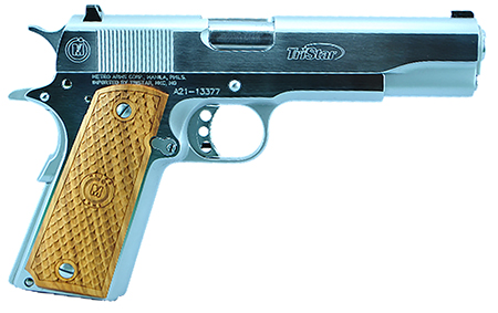 TriStar 85605 American Classic Government 1911 9mm Luger 10+1 5" Stainless Steel Barrel, Chrome Serrated Steel Slide, Chrome Steel Frame w/Beavertail, Wood Grip