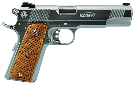 TriStar 85615 American Classic II 1911 9mm Luger 9+1 5" Stainless Steel Barrel, Chrome Serrated Steel Slide, Chrome Steel Frame w/Beavertail, Wood Grip