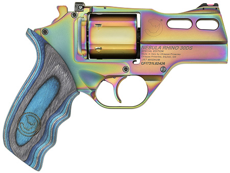 Chiappa Firearms CF340319 Rhino 30DA Nebula *CA Compliant 357 Mag 6 Shot, 3" Rainbow PVD Steel Vent Rib Barrel  &  Cylinder, Rainbow PVD Aluminum Frame, Blue Laminate Grip, Exposed Hammer