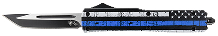 Templar Knife MBTB231 Gen II Back The Blue Slim 3.43" OTF Tanto Plain Black Oxide Stonewashed 440C SS Blade, 5.05" 4.31" Black  &  White w/Blue Line Aluminum Handle, Glass Breaker