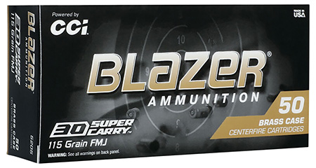 CCI 5205 Blazer Brass Handgun 30Super Carry 115gr Full Metal Jacket Flat Nose 50 Per Box/20 Case