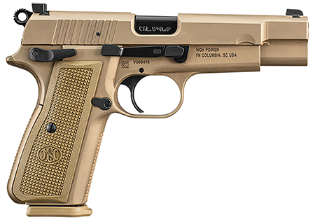 FN 66101117 High Power  9mm Luger 10+1, 4.70" Black Target Crown Steel Barrel, Flat Dark Earth PVD Serrated Steel Slide  &  Steel Frame w/Beavertail, FDE Textured Polymer Grip, Ambidextrous