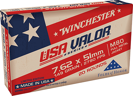 Winchester Ammo USAVM80X USA Valor M80 7.62x51mmNATO 149gr Full Metal Jacket 20 Per Box/25 Case