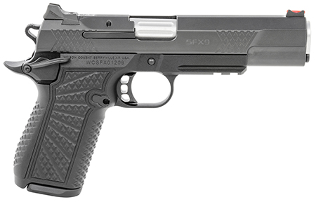 Wilson Combat SFX9FSR5A SFX9  9mm Luger 15+1 5" Stainless Match Grade Barrel, Black DLC Serrated Stainless Steel Slide, Black Aluminum Frame w/Beavertail  &  Picatinny Rail, Black Polymer Grip
