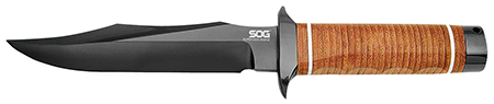 S.O.G SOGSB1TL Super SOG  7.50" Fixed Bowie Plain Black Hardcased TiCN AUS-8A SS Blade Brown Stacked Leather Washers w/Cross Guard Handle Includes Sheath