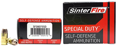 SinterFire Inc SF38075SD Special Duty (SD)  380ACP 75gr Lead Free Frangible Hollow Point 20 Per Box/10 Case