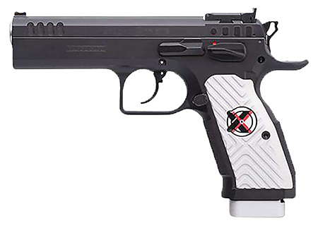 Tanfoglio IFG TFSTOCK2X9 Stock II Xtreme 9mm Luger 16+1/17+1, 4.44" Black Polygonal Rifled Barrel, Black Serrated Slide, Black Steel Frame w/Beavertail, White Polymer Grip