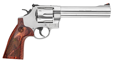 Smith  &  Wesson 150714 Model 629 Deluxe 44 Rem Mag or 44 S&W Spl Stainless Steel 6.50" Barrel  &  6rd Cylinder, Satin Stainless Steel N-Frame, Textured Wood Grip