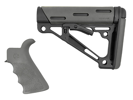 Hogue 15556 OverMolded Collapsible Buttstock Black Synthetic  &  Slate Gray OverMolded Rubber Stock Slate Gray Rubber Finger Grooved Grip for AR-15, M16 with Mil-Spec Buffer Tube (Tube Not Included)