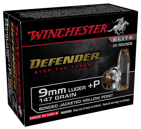 Winchester Ammo S9MMPDB2 Defender  9mmLuger+P 147gr Bonded Jacket Hollow Point 20 Per Box/10 Case