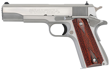Colt Mfg O1070A1CS 1911 Government 45 ACP 8+1 5" Stainless National Match Barrel, Brushed Stainless Serrated Slide  &  Frame w/Beavertail, Double Diamond Checkered Wood Grip