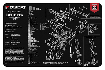 TekMat TEKR17BER92 Beretta 92 Cleaning Mat Black/White Rubber 11"x17" Beretta 92 Parts Diagram
