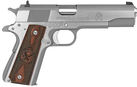 Springfield Armory PB9151LCA 1911 Mil-Spec *CA Compliant 45 ACP 7+1, 5" Stainless Match Grade Steel Barrel, Serrated Stainless Steel Slide  &  Frame w/Beavertail, Crossed Cannon Cocobolo Grip