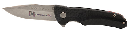 Hornady 99143   Folding Plain Satin w Laser Engraved Logo 420HC SS Blade Black GFN Handle Includes Pocket Clip
