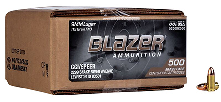 CCI 5200BK500 Blazer Brass Handgun 9mmLuger 115gr Full Metal Jacket 500 Per Box/1 Case *Loose