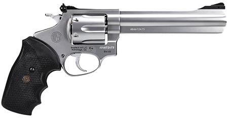 Rossi 2RM669 RM66  357 Mag 6 Shot 6"  Satin Stainless Steel Barrel, Cylinder  &  Frame Black Checkered Rubber Grip