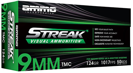 Ammo Inc 9124TMCSTRKGRN50 Streak Visual (GREEN)  9mm Luger 124gr Total Metal Case 50 Per Box/20 Case
