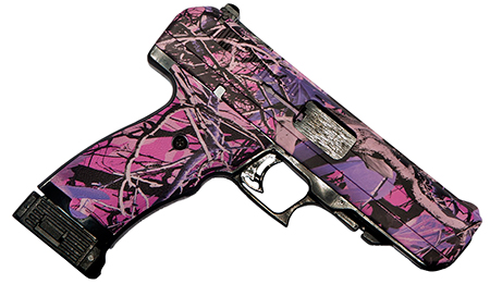 Hi-Point 34510PI JHP  45 ACP 9+1 4.50" Black Steel Barrel, Hydro-Dipped Pink Camo Serrated Steel Slide, Polymer  &  Grip