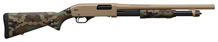 Winchester Repeating Arms  SXP Defender 20 Gauge 3" 5+1 (2.75") 18" Barrel, FDE Drilled  &  Tapped Rec, Woodland Camo Textured Stock, Tactical  Ribbed Forearm, Inflex Recoil Pad