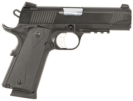 Tisas 10100120 1911 Carry 45 ACP 8+1 4.25" Black Steel Barrel, Black Cerakote Serrated Steel Slide, Black Cerakote Steel Frame w/Accessory Rail  &  Beavertail, Black Overmolded Grips