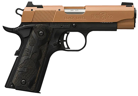 Browning 051896490 1911 Black Label Compact Frame 22 LR 10+1, 3.63" Matte Stainless Steel Barrel, Copper Cerakote Serrated Slide, Matte Black Polymer Frame w/Beavertail, Black Laminate Wood Grip