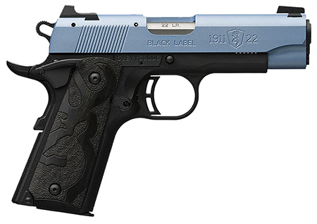 Browning 051898490 1911 Black Label Compact Frame 22 LR 10+1, 3.63" Matte Stainless Steel Barrel, Polar Blue Cerakote Serrated Slide, Matte Black Polymer Frame w/Beavertail, Black Laminate Wood Grip
