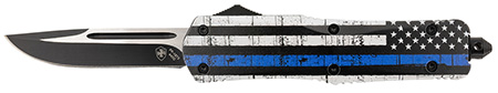 Templar Knife LBTB331 Gen II Back The Blue Large 3.50" OTF Drop Point Plain Black Oxide Stonewashed 440C SS Blade, 5.25" Black  &  White w/Blue Line Aluminum Handle, Glass Breaker