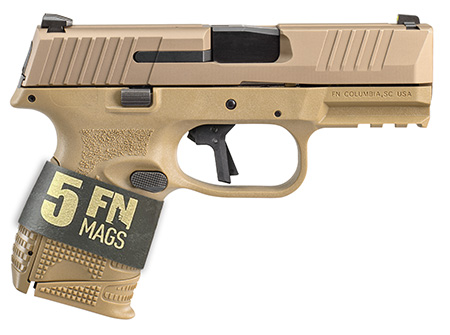 FN 66101643 509C Bundle 9mm Luger 24+1, 3.70" Black Recessed Crown Barrel, Flat Dark Earth PVD Serrated Steel Slide  &  Polymer Frame w/Picatinny Rail,  Ambidextrous, 5 Magazines