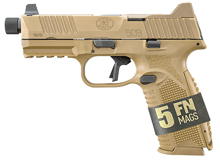 FN 66101652 509 Tactical Bundle 9mm Luger 10+1 4.50" Black Steel Threaded Barrel, Flat Dark Earth Optic Ready/Serrated SS Slide  &  Polymer Frame w/Picatinny Rail,  Ambidextrous, 5 Magazines