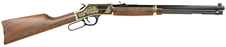 Henry H006GCD Deluxe Side Gate  Full Size 45 Colt (Long Colt) 10+1 20" Blued Octagon Barrel, Polished Brass Engraved Receiver, Drilled  &  Tapped, Fixed American Walnut Stock Ambidextrous