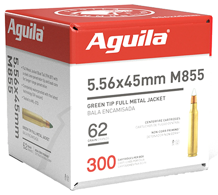 Aguila 1E556125 Green Tip M855 5.56x45mm NATO 62gr Full Metal Jacket Boat Tail 300 Per Box/4 Case