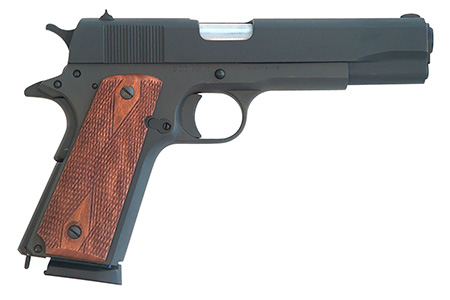 Cimarron 1911 1911  .45 ACP 8+1, 5.03" Black Steel Barrel, Black Parkerized Serrated Slide  &  Frame, Checkered Walnut Grips