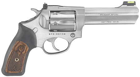 Ruger 5773 SP101  Small Frame 327 Federal Mag 6rd, 4.20" Satin Stainless Steel Barrel, Cylinder  &  Frame, Black Rubber w/Wood Insert Grip, Exposed Hammer, Transfer Bar Safety