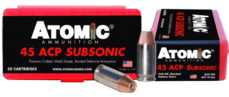 Atomic Ammunition 00439 Pistol Subsonic 45ACP 250gr Bonded Match Hollow Point 50 Per Box/10 Case