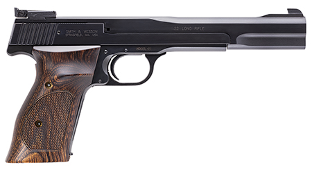 Smith  &  Wesson 130512 41  Full Size Frame 22 LR 10+1, 7" Blued Button Rifled Steel Barrel, Serrated Slide  &  Frame, Checkered Wood Target Grip