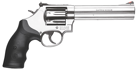 Smith  &  Wesson 164198 Model 686 Plus 357 Mag or 38 S&W Spl +P  Stainless Steel 6" Barrel  &  7rd   Cylinder, Satin Stainless Steel L-Frame, Red Ramp Front/White Outline Rear Sights, Internal Lock