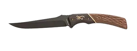 Browning 3220394 Hunter Trail Knife 4.50" Fixed Trailing Drop Point Blade, Black Stonewashed 440C Stainless Steel, Two-Toned Jigged Wood Handle w/Bronze Accents, Includes Leather Sheath