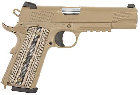 SDS Imports 10100549 1911 Raider Carry 9mm Luger 9+1 5" Stainless Steel Barrel, Flat Dark Earth Cerakote Serrated Slide, Steel Frame w/Beavertail  &  Picatinny Rail, Black/FDE Textured G10 Grips