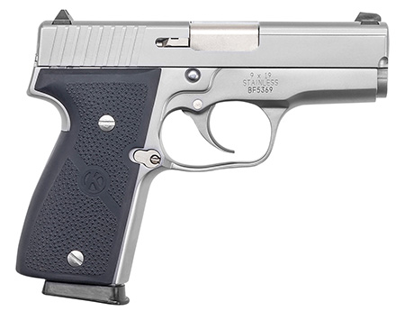 Kahr Arms K9093A K9  9mm Luger 7+1/8+1 3.47" Stainless Polygonal Rifled Barrel, Matte Serrated Stainless Steel Slide, Matte Stainless Steel Frame, Black Textured Wraparound Polymer Grip, Right Hand