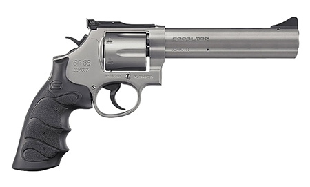 SAR USA SARSR38ST6 SAR SR  38 Special/357 Mag 6 Shot, 6" Stainless Steel Barrel, Cylinder  &  Frame w/Black Finger Groove Grip, Drop Safety/Hammer Block Safety, Exposed Hammer