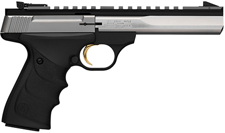 Browning 051507490 Buck Mark Contour 22 LR 10+1, 5.50" Polished Flats Contoured Barrel, Matte Stainless Serrated w/Picatinny Rail Slide, Matte Black Anodized Frame, Black URX Grip, Ambidextrous