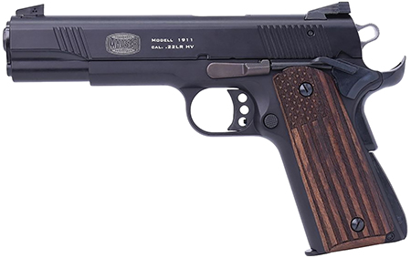 Mauser Rimfire 4110608 1911  22 LR 10+1 5" Black Steel Barrel, Black Serrated Aluminum Slide, Black Aluminum Frame w/Beavertail, Molded Wood Flag Grip, Ambidextrous